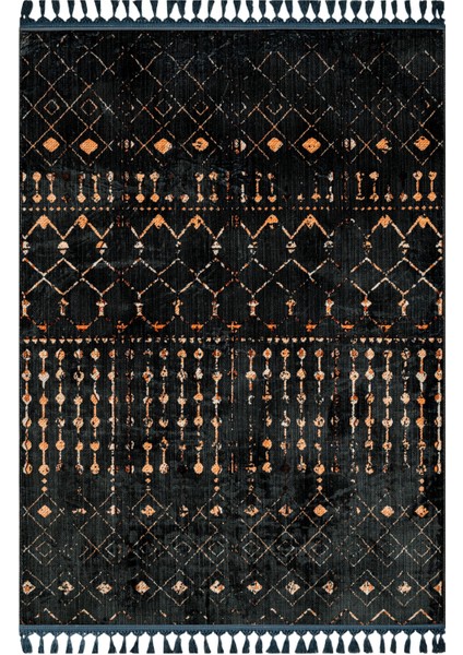 Prisha Siyah Modern Etnik Desenli Bambu Makinada Yıkanabilir Hav Toz Vermez Leke Tutmayan Kaymaz Taban Dijital Makine Baskı Salon Yolluk Mutfak Halı