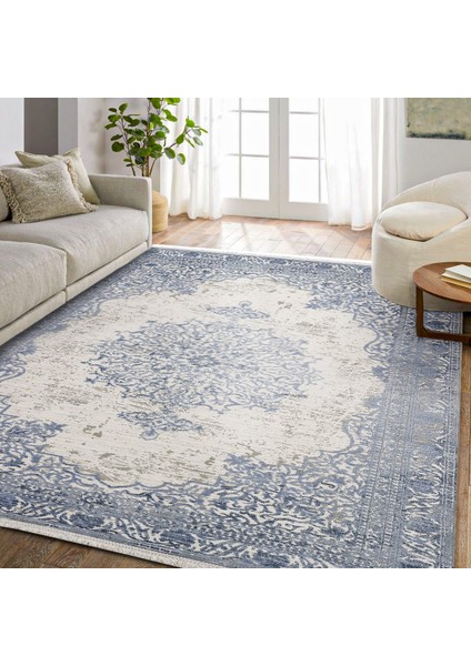Mavi Klasik Etnik Modern Desenli Pamuk Makinada Yıkanabilir Hav Toz Vermez Leke Tutmayan Kaymaz Taban Dijital Makine Baskı Salon Yolluk Mutfak Halı fiyatları