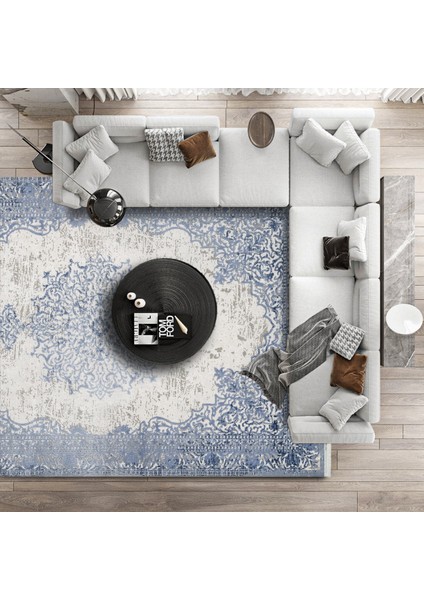 Mavi Klasik Etnik Modern Desenli Pamuk Makinada Yıkanabilir Hav Toz Vermez Leke Tutmayan Kaymaz Taban Dijital Makine Baskı Salon Yolluk Mutfak Halı modelleri