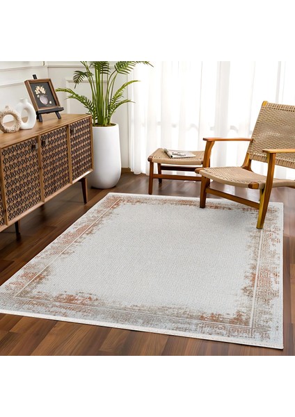 Turuncu Çerçeveli Etnik Modern Desenli Pamuk Makinada Yıkanabilir Hav Toz Vermez Leke Tutmayan Kaymaz Taban Dijital Makine Baskı Salon Yolluk Mutfak Halı fırsatları