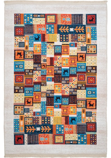 Bovec Patchwork Beyaz Polyester Dikdörtgen Modern Desenli Pamuk Makinada Yıkanabilir Hav Toz Vermez Leke Tutmayan Kaymaz Taban Dijital Makine Baskı Salon Yolluk Mutfak Halı