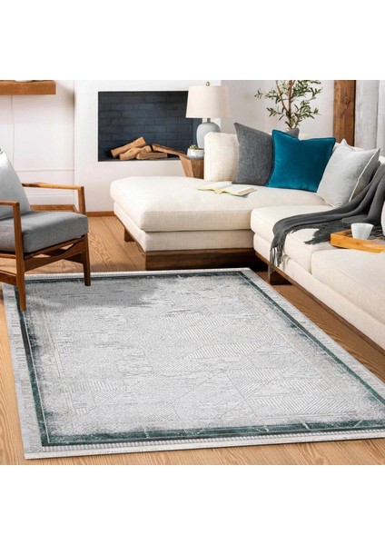 Çerçeveli Yeşil Pamuk Kare Modern Desenli Pamuk Makinada Yıkanabilir Hav Toz Vermez Leke Tutmayan Kaymaz Taban Dijital Makine Baskı Salon Yolluk Mutfak Halı modelleri