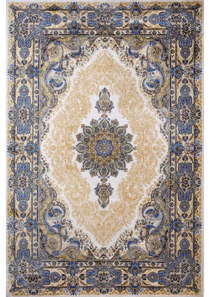 Mavi Klasik Etnik Modern Desenli Pamuk Makinada Yıkanabilir Hav Toz Vermez Leke Tutmayan Kaymaz Taban Dijital Makine Baskı Salon Yolluk Mutfak Halı