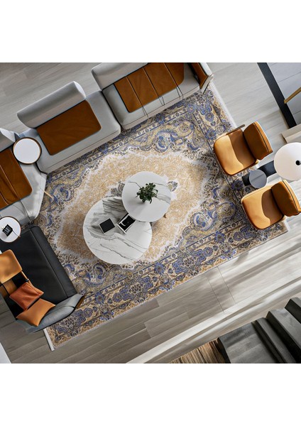 Mavi Klasik Etnik Modern Desenli Pamuk Makinada Yıkanabilir Hav Toz Vermez Leke Tutmayan Kaymaz Taban Dijital Makine Baskı Salon Yolluk Mutfak Halı fiyatları