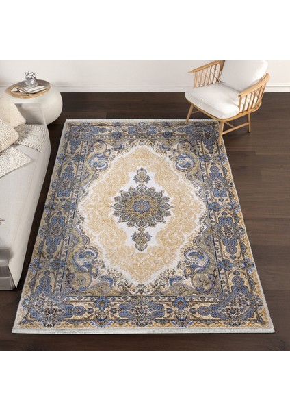 Mavi Klasik Etnik Modern Desenli Pamuk Makinada Yıkanabilir Hav Toz Vermez Leke Tutmayan Kaymaz Taban Dijital Makine Baskı Salon Yolluk Mutfak Halı modelleri