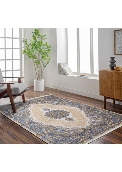 Mavi Klasik Etnik Modern Desenli Pamuk Makinada Yıkanabilir Hav Toz Vermez Leke Tutmayan Kaymaz Taban Dijital Makine Baskı Salon Yolluk Mutfak Halı fırsatları