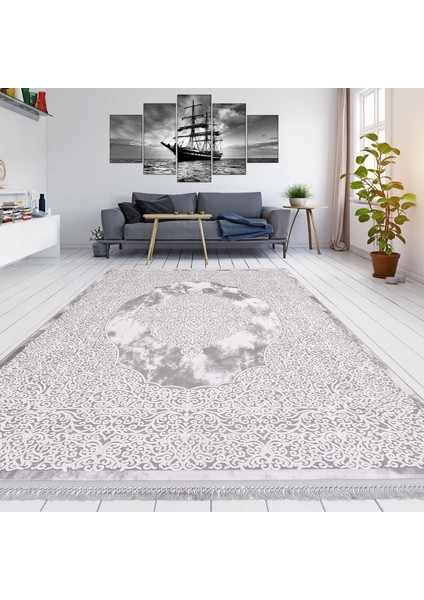 Arabella Çerçeveli Gri Pamuk Dikdörtgen Modern Desenli Akrilik Hav Vermeyen Leke Tutmayan Kolay Temizlenen Yumuşak Makine Salon Yolluk Mutfak Halı fiyatları