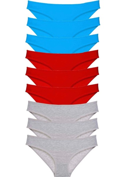 9 Adet Süper Eko Set Likralı Kadın Slip Külot Kırmızı Gri Mavi