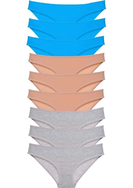 9 Adet Süper Eko Set Likralı Kadın Slip Külot Ten Gri Mavi