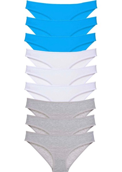 9 Adet Süper Eko Set Likralı Kadın Slip Külot Gri Beyaz Mavi