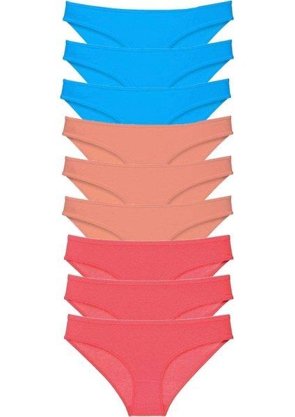 9 Adet Süper Eko Set Likralı Kadın Slip Külot Pudra Fuşya Mavi