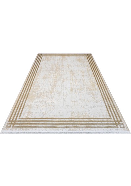 Addilyn Çerçeveli Krem Akrilik Kare Modern Desenli Akrilik Hav Vermeyen Leke Tutmayan Kolay Temizlenen Yumuşak Makine Salon Yolluk Mutfak Halı