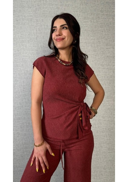 Kadın Kısa Kollu Bisiklet Yaka Yandan Bağlamalı Bürümcük Bluz ve Pantolon Ikili Takım fiyatları