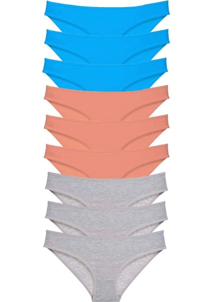 9 Adet Süper Eko Set Likralı Kadın Slip Külot Pudra Gri Mavi