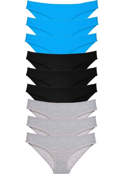 9 Adet Süper Eko Set Likralı Kadın Slip Külot Siyah Gri Mavi