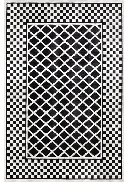 Siyah Geometrik Etnik Modern Desenli Pamuk Makinada Yıkanabilir Hav Toz Vermez Leke Tutmayan Kaymaz Taban Dijital Makine Baskı Salon Yolluk Mutfak Halı