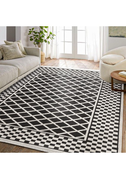 Siyah Geometrik Etnik Modern Desenli Pamuk Makinada Yıkanabilir Hav Toz Vermez Leke Tutmayan Kaymaz Taban Dijital Makine Baskı Salon Yolluk Mutfak Halı fiyatları