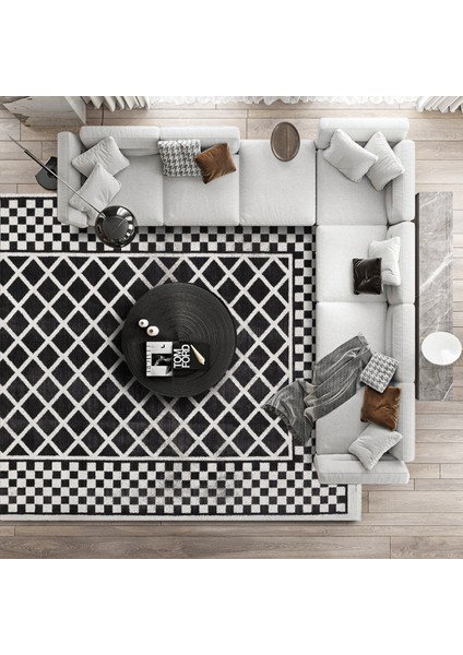 Siyah Geometrik Etnik Modern Desenli Pamuk Makinada Yıkanabilir Hav Toz Vermez Leke Tutmayan Kaymaz Taban Dijital Makine Baskı Salon Yolluk Mutfak Halı modelleri