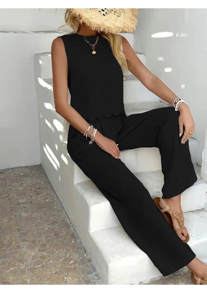 Kadın Sıfır Kollu Bisiklet Yaka Arkadan Bağlamalı AER8BIN Bluz ve Pantolon Ikili Takım fırsatları