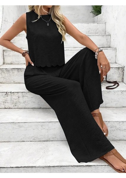 Kadın Sıfır Kollu Bisiklet Yaka Arkadan Bağlamalı AER8BIN Bluz ve Pantolon Ikili Takım