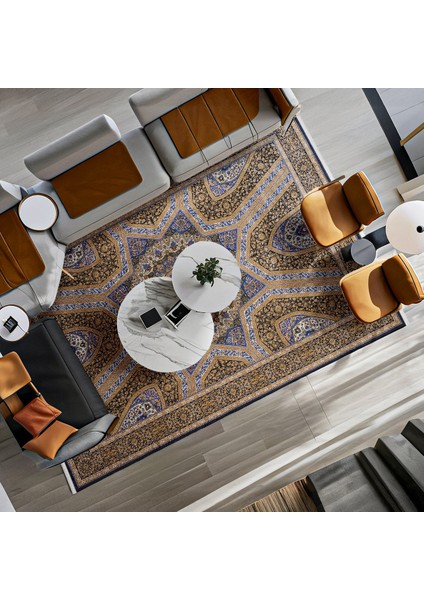 Mavi Klasik Etnik Modern Desenli Pamuk Makinada Yıkanabilir Hav Toz Vermez Leke Tutmayan Kaymaz Taban Dijital Makine Baskı Salon Yolluk Mutfak Halı fiyatları