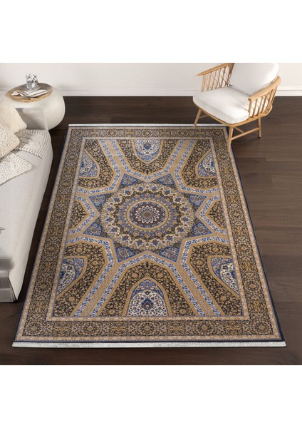 Mavi Klasik Etnik Modern Desenli Pamuk Makinada Yıkanabilir Hav Toz Vermez Leke Tutmayan Kaymaz Taban Dijital Makine Baskı Salon Yolluk Mutfak Halı modelleri