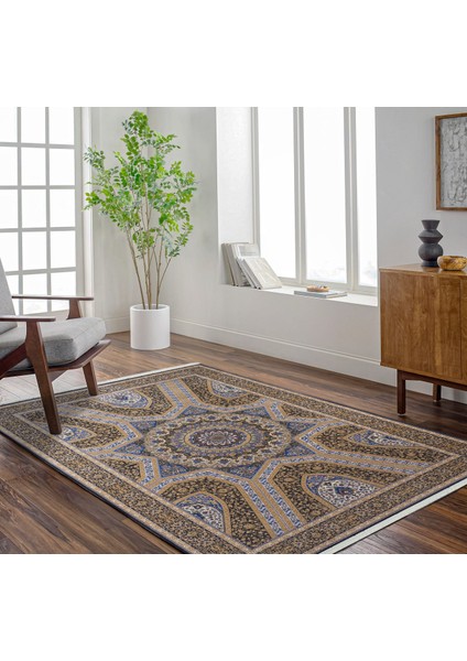 Mavi Klasik Etnik Modern Desenli Pamuk Makinada Yıkanabilir Hav Toz Vermez Leke Tutmayan Kaymaz Taban Dijital Makine Baskı Salon Yolluk Mutfak Halı fırsatları