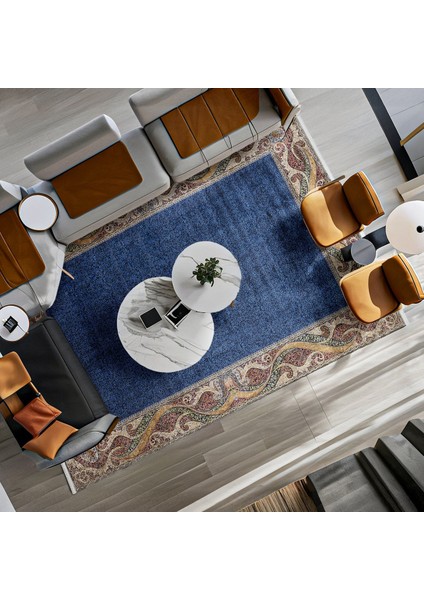Lacivert Geometrik Etnik Modern Desenli Pamuk Makinada Yıkanabilir Hav Toz Vermez Leke Tutmayan Kaymaz Taban Dijital Makine Baskı Salon Yolluk Mutfak Halı fiyatları