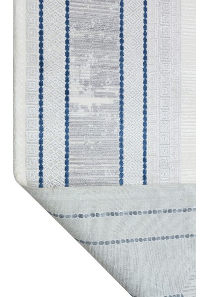 Xeraphina Mavi Çerçeveli Etnik Modern Desenli Viskon Hav Vermeyen Leke Tutmayan Kolay Temizlenen Yumuşak Makine Salon Yolluk Mutfak Halı modelleri