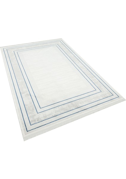 Xeraphina Mavi Çerçeveli Etnik Modern Desenli Viskon Hav Vermeyen Leke Tutmayan Kolay Temizlenen Yumuşak Makine Salon Yolluk Mutfak Halı indirimleri