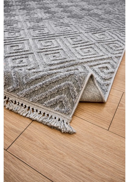 Gri Geometrik Etnik Modern Desenli Hav Vermeyen Leke Tutmayan Kolay Temizlenen Yumuşak Makine Salon Yolluk Mutfak Halı