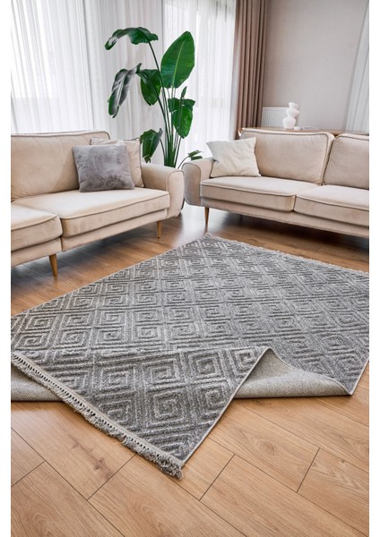 Gri Geometrik Etnik Modern Desenli Hav Vermeyen Leke Tutmayan Kolay Temizlenen Yumuşak Makine Salon Yolluk Mutfak Halı indirimleri