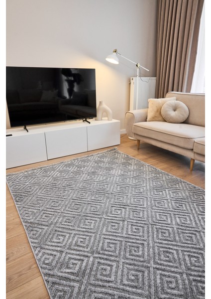 Gri Geometrik Etnik Modern Desenli Hav Vermeyen Leke Tutmayan Kolay Temizlenen Yumuşak Makine Salon Yolluk Mutfak Halı