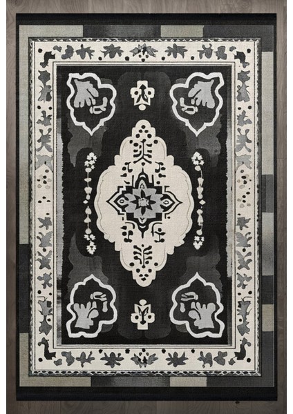 Göbekli Antrasit Pamuk Dikdörtgen Modern Desenli Pamuk Makinada Yıkanabilir Hav Toz Vermez Leke Tutmayan Kaymaz Taban Dijital Makine Baskı Salon Yolluk Mutfak Halı