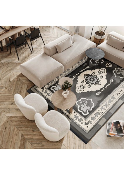 Göbekli Antrasit Pamuk Dikdörtgen Modern Desenli Pamuk Makinada Yıkanabilir Hav Toz Vermez Leke Tutmayan Kaymaz Taban Dijital Makine Baskı Salon Yolluk Mutfak Halı fırsatları