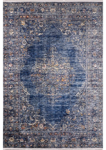 Solnecnogorsk Mavi Eskitme Etnik Modern Desenli Makinada Yıkanabilir Hav Toz Vermez Leke Tutmayan Kaymaz Taban Dijital Makine Baskı Salon Yolluk Mutfak Halı