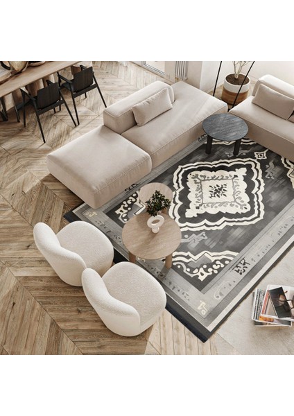 Göbekli Antrasit Pamuk Dikdörtgen Modern Desenli Pamuk Makinada Yıkanabilir Hav Toz Vermez Leke Tutmayan Kaymaz Taban Dijital Makine Baskı Salon Yolluk Mutfak Halı fiyatları