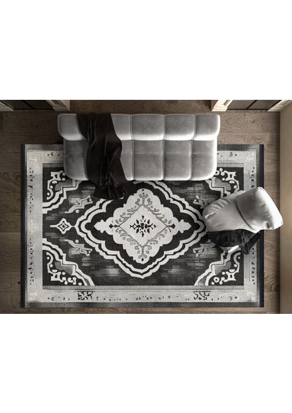 Göbekli Antrasit Pamuk Dikdörtgen Modern Desenli Pamuk Makinada Yıkanabilir Hav Toz Vermez Leke Tutmayan Kaymaz Taban Dijital Makine Baskı Salon Yolluk Mutfak Halı fırsatları