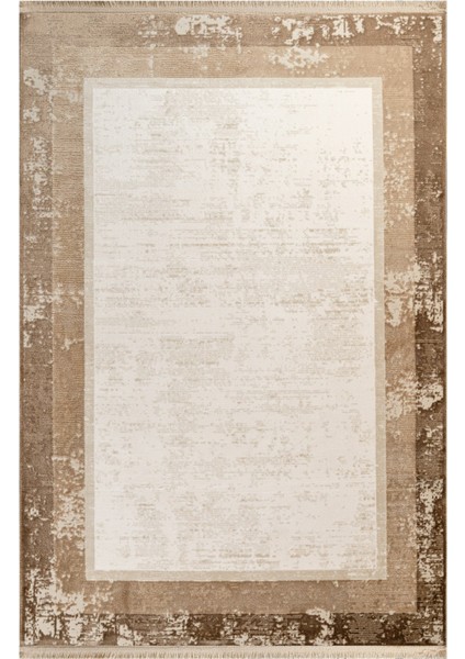 Ponda Çerçeveli Bej Akrilik Dikdörtgen Modern Desenli Akrilik Hav Vermeyen Leke Tutmayan Kolay Temizlenen Yumuşak Makine Salon Yolluk Mutfak Halı