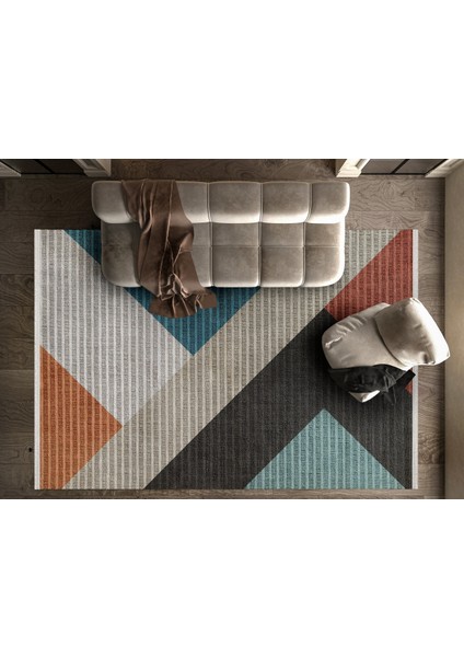 Geometrik Turuncu Pamuk Kare Modern Desenli Pamuk Makinada Yıkanabilir Hav Toz Vermez Leke Tutmayan Kaymaz Taban Dijital Makine Baskı Salon Yolluk Mutfak Halı