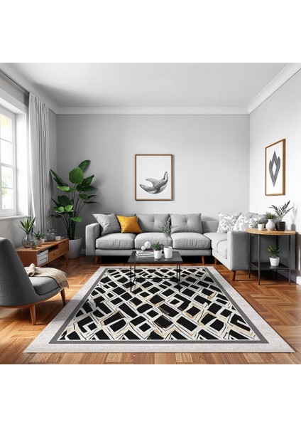 Geometrik Siyah Pamuk Dikdörtgen Modern Desenli Pamuk Makinada Yıkanabilir Hav Toz Vermez Leke Tutmayan Kaymaz Taban Dijital Makine Baskı Salon Yolluk Mutfak Halı fırsatları