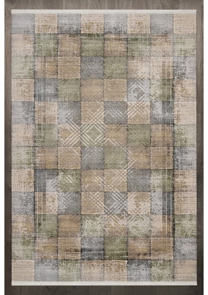 Geometrik Yeşil Pamuk Dikdörtgen Modern Desenli Pamuk Makinada Yıkanabilir Hav Toz Vermez Leke Tutmayan Kaymaz Taban Dijital Makine Baskı Salon Yolluk Mutfak Halı