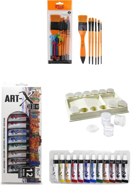 Art-X 12 ml 12 'li Akrilik Set-Orta Boy Şövale-Art Liva-Zemin Fırçan:8-5 Parça Sanat Seti