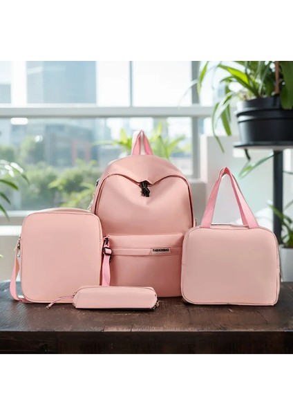 4pcs Sırt Çantası Seti Birincil Öğrenciler Sırt Çantası Büyük Kapasiteli Düz Renkli Öğle Yemeği Çantası Su Geçirmez Moda Crossbody Çanta Kızlar Renk: Pembe (Yurt Dışından)