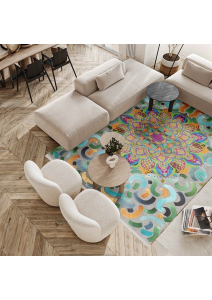 Geometrik Yeşil Pamuk Dikdörtgen Modern Desenli Pamuk Makinada Yıkanabilir Hav Toz Vermez Leke Tutmayan Kaymaz Taban Dijital Makine Baskı Salon Yolluk Mutfak Halı modelleri