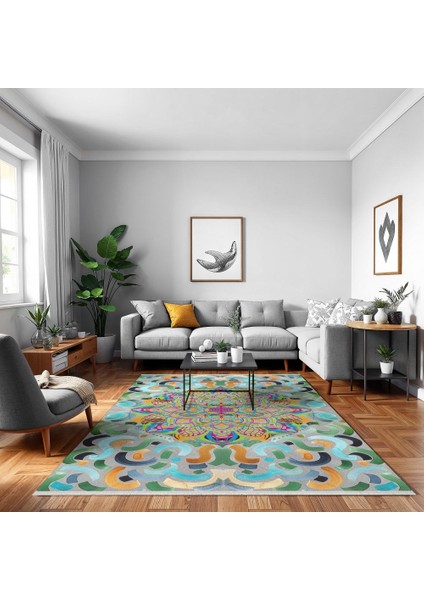 Geometrik Yeşil Pamuk Dikdörtgen Modern Desenli Pamuk Makinada Yıkanabilir Hav Toz Vermez Leke Tutmayan Kaymaz Taban Dijital Makine Baskı Salon Yolluk Mutfak Halı fırsatları