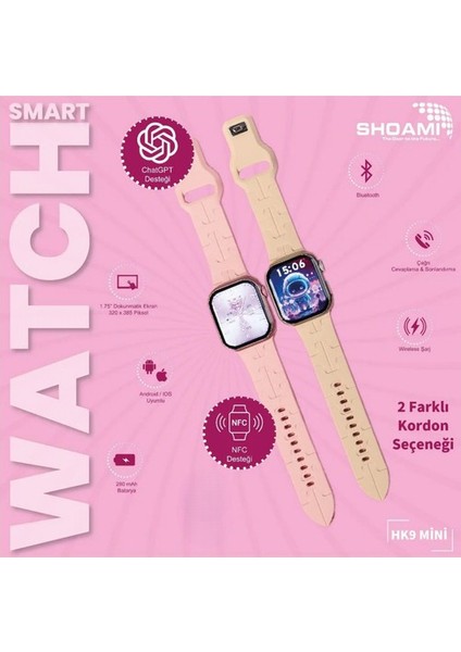 Shoamı Hk9 Mini Akıllı Saat – Dikdörtgen Kasa, Tansiyon ve Kalp Ritmi Ölçer, Bluetooth Arama, Spor ve Uyku Takibi, Uzaktan Kamera Kontrolü