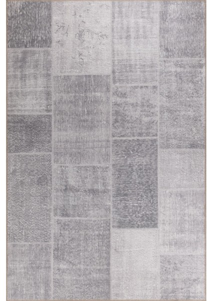 Ribon Patchwork Gri Polyester Dikdörtgen Modern Desenli Pamuk Makinada Yıkanabilir Hav Toz Vermez Leke Tutmayan Kaymaz Taban Dijital Makine Baskı Salon Yolluk Mutfak Halı