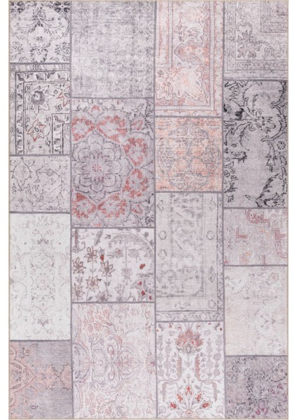 Cardiff Patchwork Pembe Polyester Dikdörtgen Modern Desenli Pamuk Makinada Yıkanabilir Hav Toz Vermez Leke Tutmayan Kaymaz Taban Dijital Makine Baskı Salon Yolluk Mutfak Halı