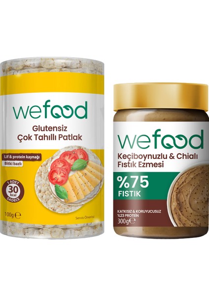 Keçiboynuzlu & Chialı Fıstık Ezmesi 300 G + Glutensiz Çok Tahıllı Patlak 100 gr